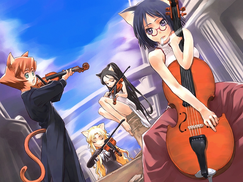 original, 4girls, animal ears, blonde hair, cat ears, cat tail, cigarette, closed eyes, dutch angle, glasses, green eyes, instrument, multiple girls, orange hair, purple eyes, purple hair, sitting, smoking, standing, tail, violin