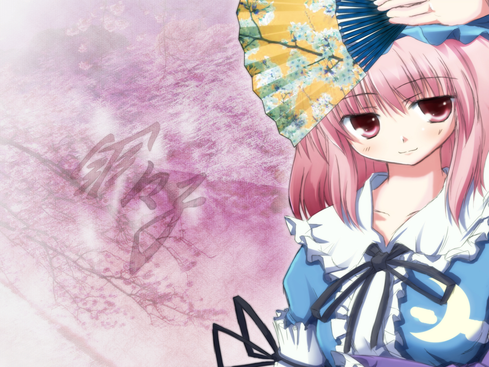 saigyouji yuyuko, touhou, artist request, highres, 1girl, blue hat, female focus, folding fan, hand fan, hat, holding, holding fan, mob cap, necktie, pink eyes, pink hair, solo, split mouth