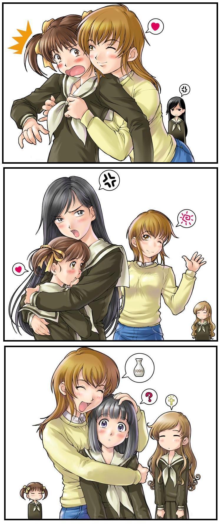 sameha ikuya, fukuzawa yumi, nijou noriko, ogasawara sachiko, satou sei, toudou shimako, maria-sama ga miteru, highres, jpeg artifacts, 5girls, anger vein, blonde hair, comic, heart, hug, multiple girls, parody, silent comic, spoken heart, yuri