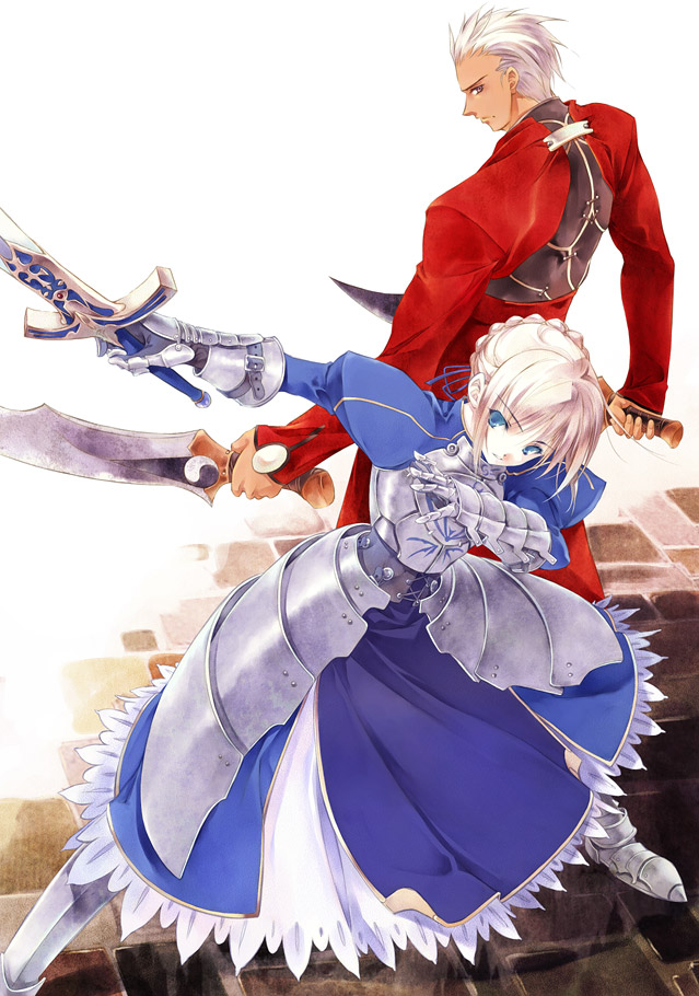 penzen, sumi keiichi, archer (fate), artoria pendragon (fate), saber (fate), fate/stay night, fate (series), 00s, 1boy, 1girl, armor, armored dress, back-to-back, blonde hair, blue dress, blue eyes, braid, braided bun, caliburn (fate), dark-skinned male, dark skin, dress, faulds, gauntlets, greaves, hair bun, hair ribbon, holding, holding sword, holding weapon, kanshou & bakuya (fate), long dress, long sleeves, puffy sleeves, ribbon, sword, weapon, white hair