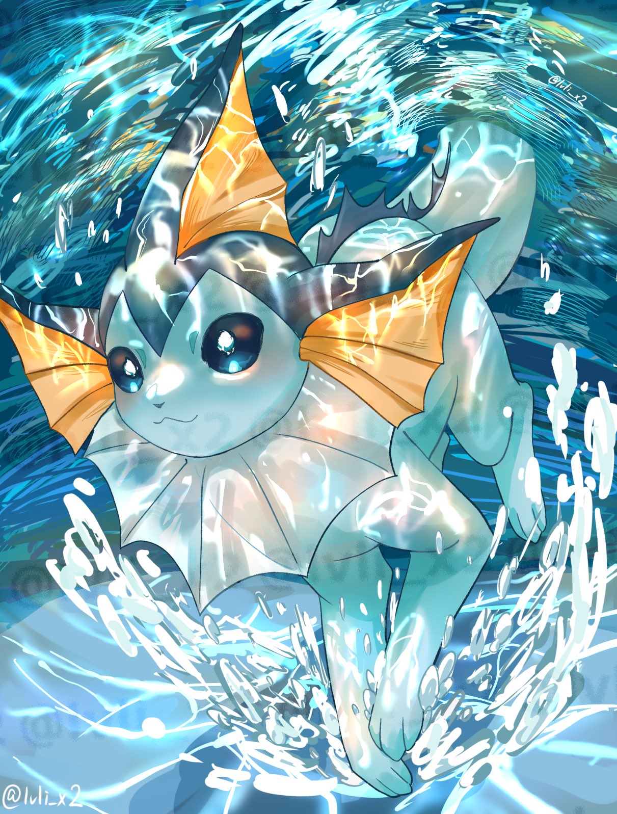 lvli x2, vaporeon, nintendo, pokemon, highres, animal focus, blue eyes, closed mouth, gen 1 pokemon, no humans, pokemon (creature), pokemon focus, smile, swimming, twitter username, underwater, water