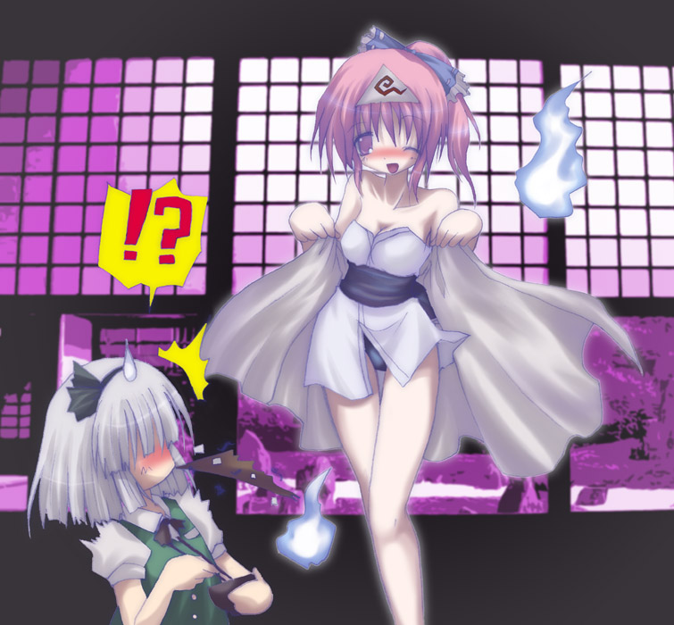 izumi yukiru, konpaku youmu, saigyouji yuyuko, touhou, !, !?, 2girls, ?, ^^^, black panties, blush, drunk, female focus, ghost, hitodama, multiple girls, one eye closed, panties, pantyshot, spit take, spitting, standing, sweatdrop, thigh gap, thighs, triangular headpiece, underwear, wink