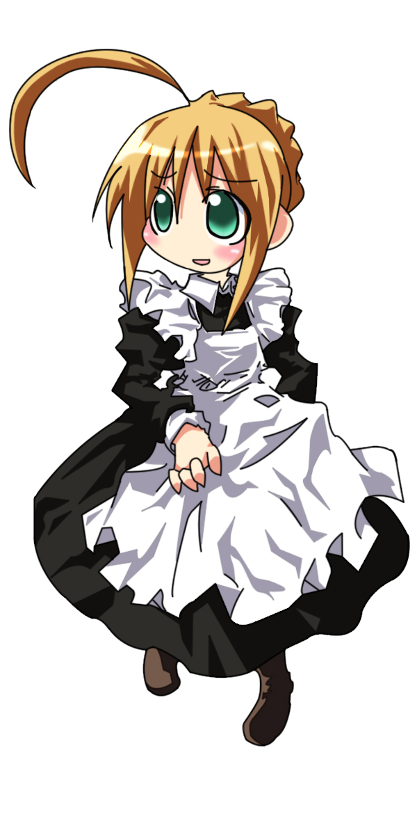 ishiki (okota), artoria pendragon (fate), saber (fate), fate/stay night, fate (series), highres, 00s, 1girl, ahoge, alternate costume, apron, arms at sides, blonde hair, blush, boots, braid, braided bun, brown boots, female focus, green eyes, hair bun, maid, maid apron, simple background, skirt hold, solo, white background