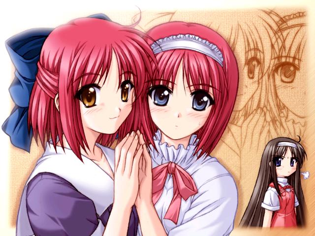 hisui (tsukihime), kohaku (tsukihime), tohno akiha, kagetsu tooya, tsukihime, 00s, 3girls, :3, black hair, blue eyes, blush, dress, hair ribbon, hairband, half updo, multiple girls, pink hair, pout, red hair, ribbon, school uniform, siblings, sisters, twins, yellow eyes