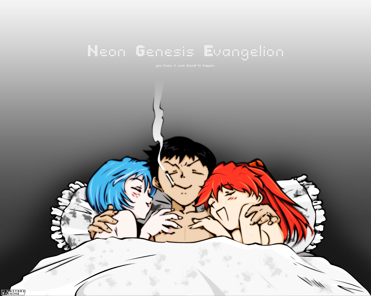 isutoshi, ayanami rei, ikari shinji, souryuu asuka langley, neon genesis evangelion, 1boy, 2girls, aftersex, bed, blue hair, blush, breasts, cigarette, closed eyes, copyright name, cuddling, english text, freckles, girl sandwich, good end, gradient background, grey background, hair between eyes, hetero, manly, medium breasts, multiple girls, orange hair, pimp, red hair, sandwiched, sideboob, smoking