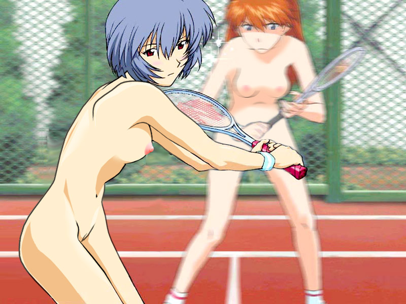 ayanami rei, souryuu asuka langley, neon genesis evangelion, nude filter, third-party edit, 2girls, blue eyes, blue hair, multiple girls, nipples, nude, orange hair, playing sports, red eyes, red hair, socks, tennis, uncensored, wristband, zenra