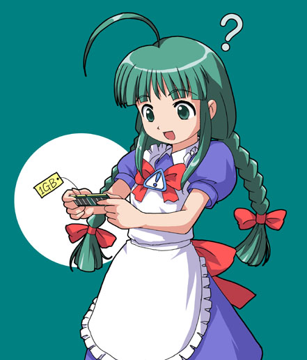 me-tan, ram, os-tan, artist request, duplicate, !, 1girl, :d, ?, braid, female focus, green background, green eyes, green hair, holding, long hair, maid, matching hair/eyes, open mouth, ram (computer), smile, solo, twin braids, twintails