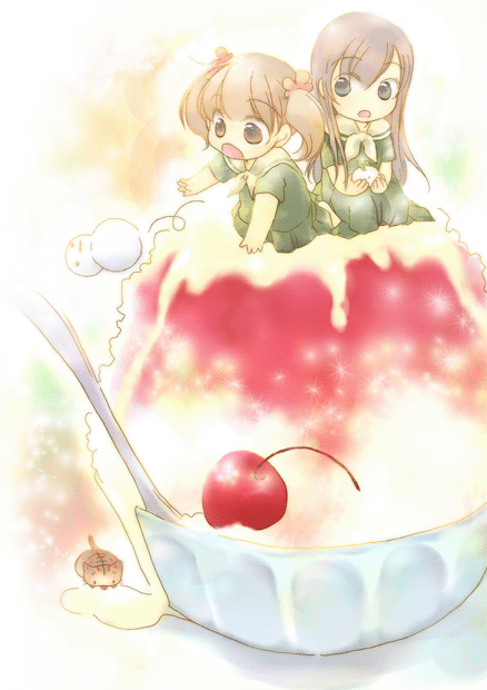 fukuzawa yumi, ogasawara sachiko, maria-sama ga miteru, 00s, 2girls, cat, cherry, chibi, chibi only, food, fruit, ice cream, in food, mini person, minigirl, multiple girls, pleated skirt, school uniform, serafuku, shaved ice, skirt, snow rabbit, snowman, spoon