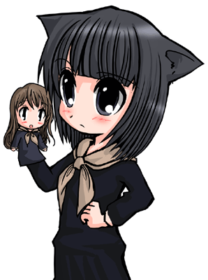 nijou noriko, toudou shimako, maria-sama ga miteru, lowres, 00s, 1girl, :o, animal ears, black eyes, black hair, blush, brown hair, cat ears, female focus, hand on own hip, hand puppet, kemonomimi mode, puppet, simple background, solo, white background