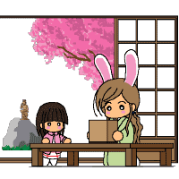mepple, mipple, nijou noriko, toudou shimako, futari wa precure, maria-sama ga miteru, precure, animated, animated gif, lowres, 00s, animal ears, cherry blossoms, chibi, chibi only, rabbit ears, shouji, sliding doors