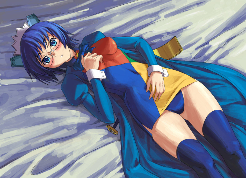 tani, 2k-tan, os-tan, 1girl, :o, blue eyes, blue hair, blue panties, blue thighhighs, blush, breasts, covered erect nipples, covered navel, female focus, glasses, impossible clothes, lying, matching hair/eyes, medium breasts, on back, panties, skin tight, solo, thighhighs, underwear