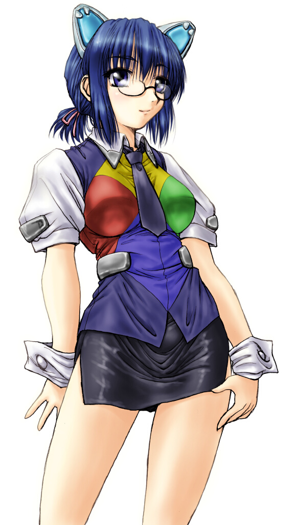 2k-tan, os-tan, alternate color, alternate costume, black necktie, blue eyes, blue hair, glasses, necktie, ponytail, short ponytail, solo, standing, white background