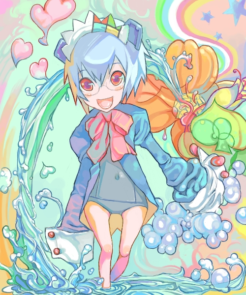 2k-tan, os-tan, 1girl, :d, blue hair, colorful, female focus, glasses, heart, long sleeves, one-piece swimsuit, open mouth, red eyes, school swimsuit, sleeves past wrists, smile, solo, star (symbol), swimsuit, swimsuit under clothes, water