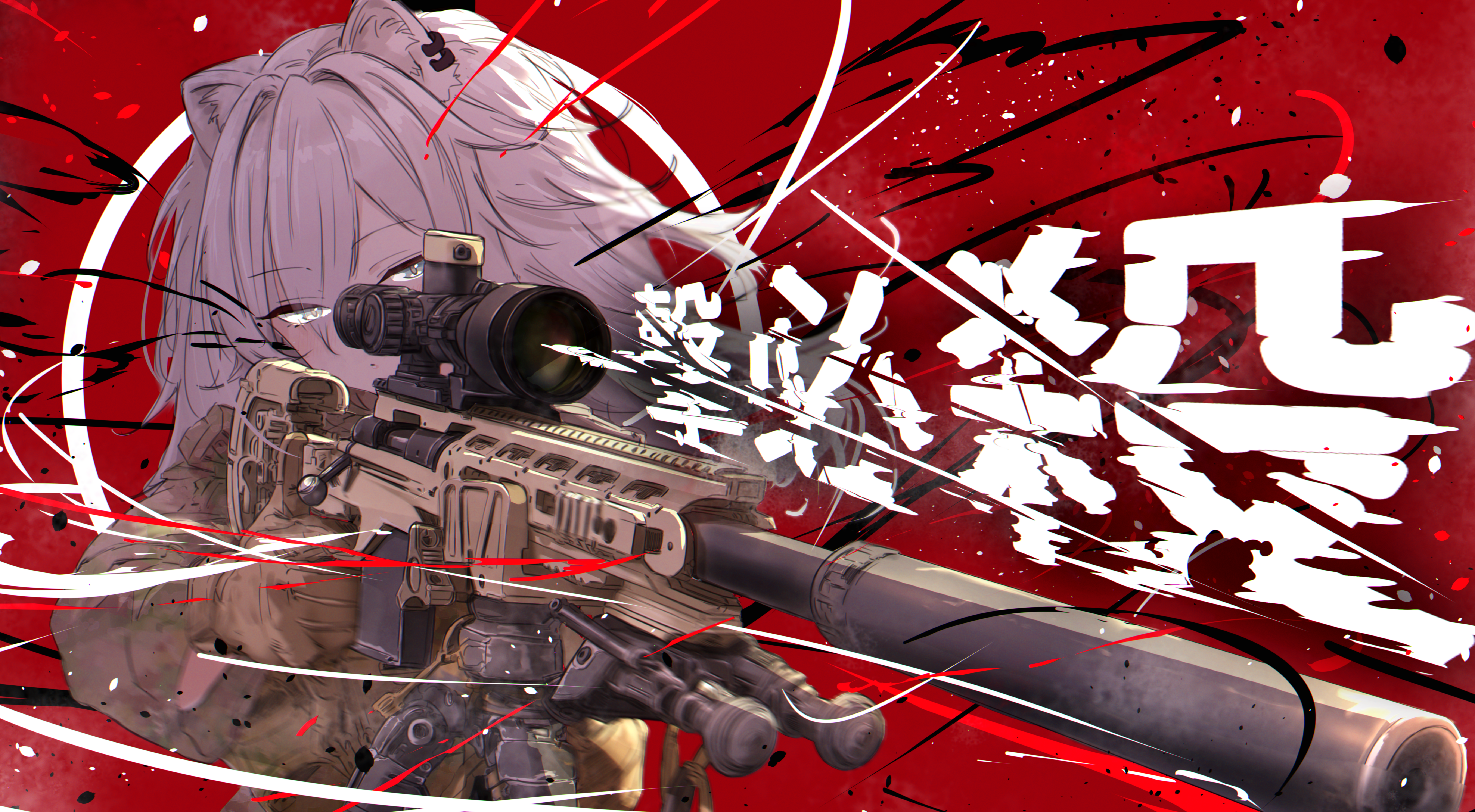 zexalmike, shishiro botan, hololive, absurdres, highres, translation request, 1girl, aiming, alternate costume, animal ear piercing, animal ears, bipod, bolt action, brown gloves, brown jacket, gloves, glowing, glowing eyes, grey eyes, grey hair, gun, hair between eyes, hair intakes, holding, holding gun, holding weapon, jacket, lion ears, lion girl, long sidelocks, long sleeves, medium hair, motion blur, piercing, red background, rifle, scope, sidelocks, simple background, sniper rifle, solo, suppressor, tripod, virtual youtuber, weapon, xm2010