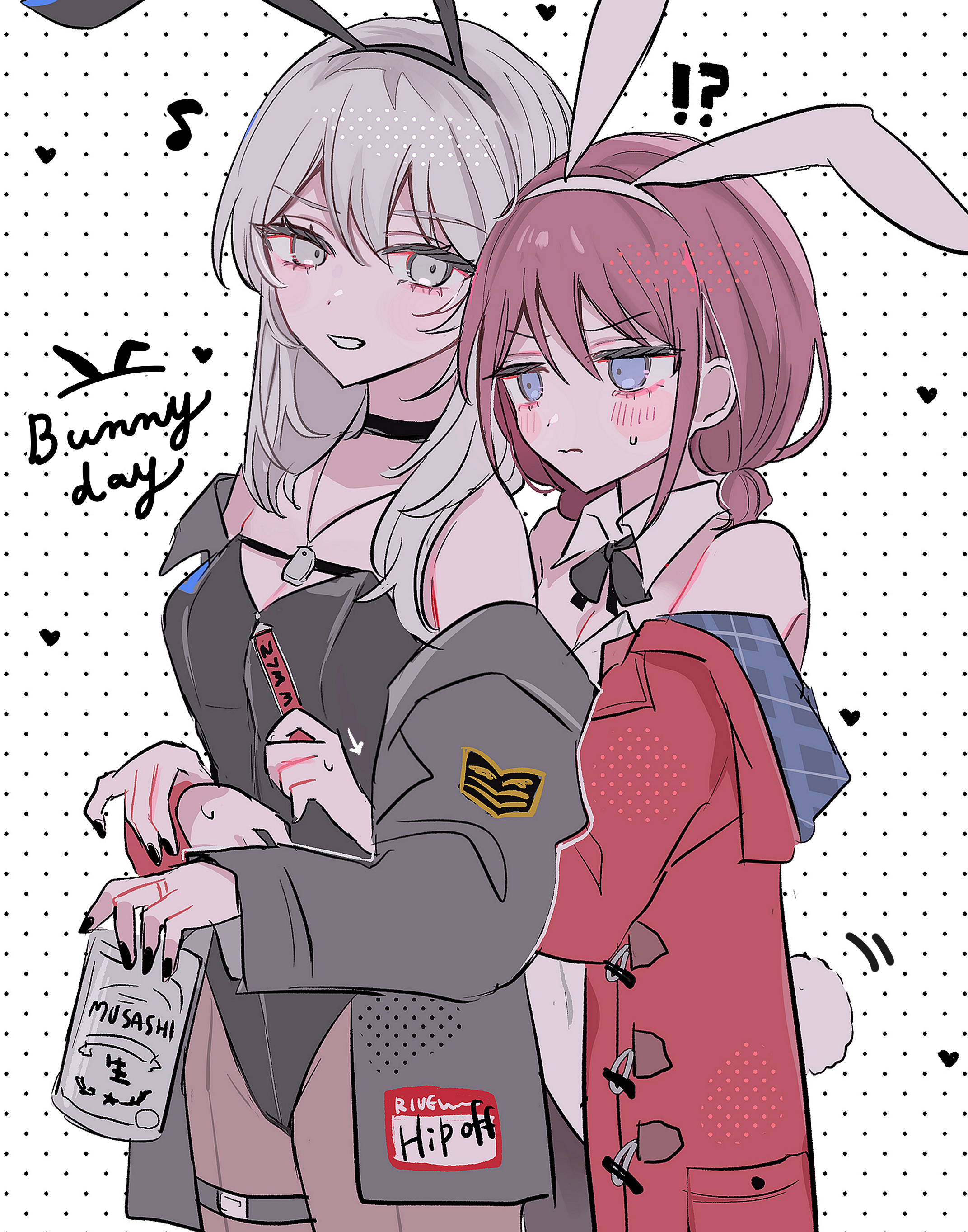 hamchan69, iseri nina, kawaragi momoka, girls band cry, absurdres, commentary request, highres, 2girls, animal ear hairband, animal ears, beer can, black choker, black leotard, black nails, black pantyhose, blue eyes, bunny day, can, choker, coat, detached sleeves, dotted background, drink can, fake animal ears, fake tail, grey eyes, grey hair, hairband, holding, holding can, leotard, multiple girls, pantyhose, parted lips, playboy bunny, rabbit ear hairband, rabbit ears, rabbit tail, red coat, red hair, short twintails, smile, strapless, strapless leotard, tail, thigh strap, twintails, white background, white leotard, yuri