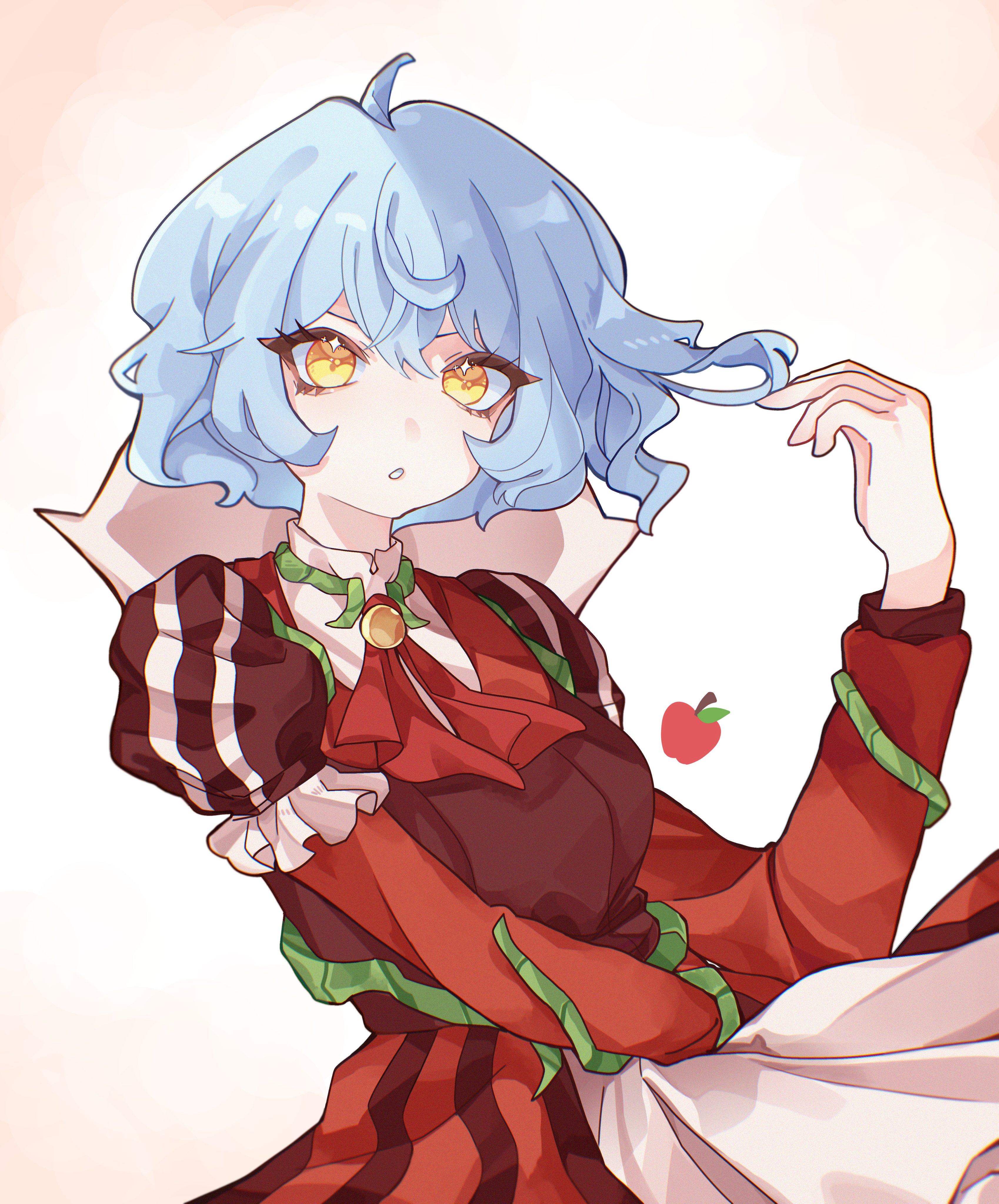 kyuncat, angela (project moon), library of ruina, project moon, absurdres, highres, 1girl, apple, arm vines, ascot, blue hair, dress, e.g.o (project moon), food, fruit, green stem (e.g.o), long sleeves, looking at viewer, puffy short sleeves, puffy sleeves, red ascot, red dress, short hair, short sleeves, simple background, solo, upper body, white background, yellow brooch, yellow eyes