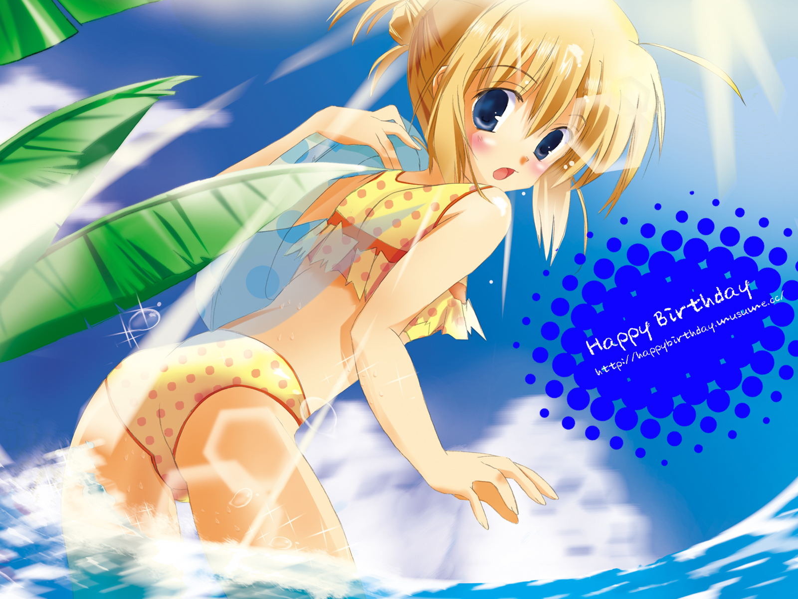 happy birthday (artist), original, highres, 1girl, :o, ahoge, ass, back, bikini, blonde hair, blue eyes, blush, cloud, day, embarrassed, female focus, flat chest, from behind, hair bun, innertube, leaf, light rays, looking back, open mouth, outdoors, polka dot, polka dot bikini, polka dot swimsuit, short hair, single hair bun, sky, solo, standing, sunbeam, sunlight, surprised, swim ring, swimsuit, tankini, torn clothes, wading, water, wet
