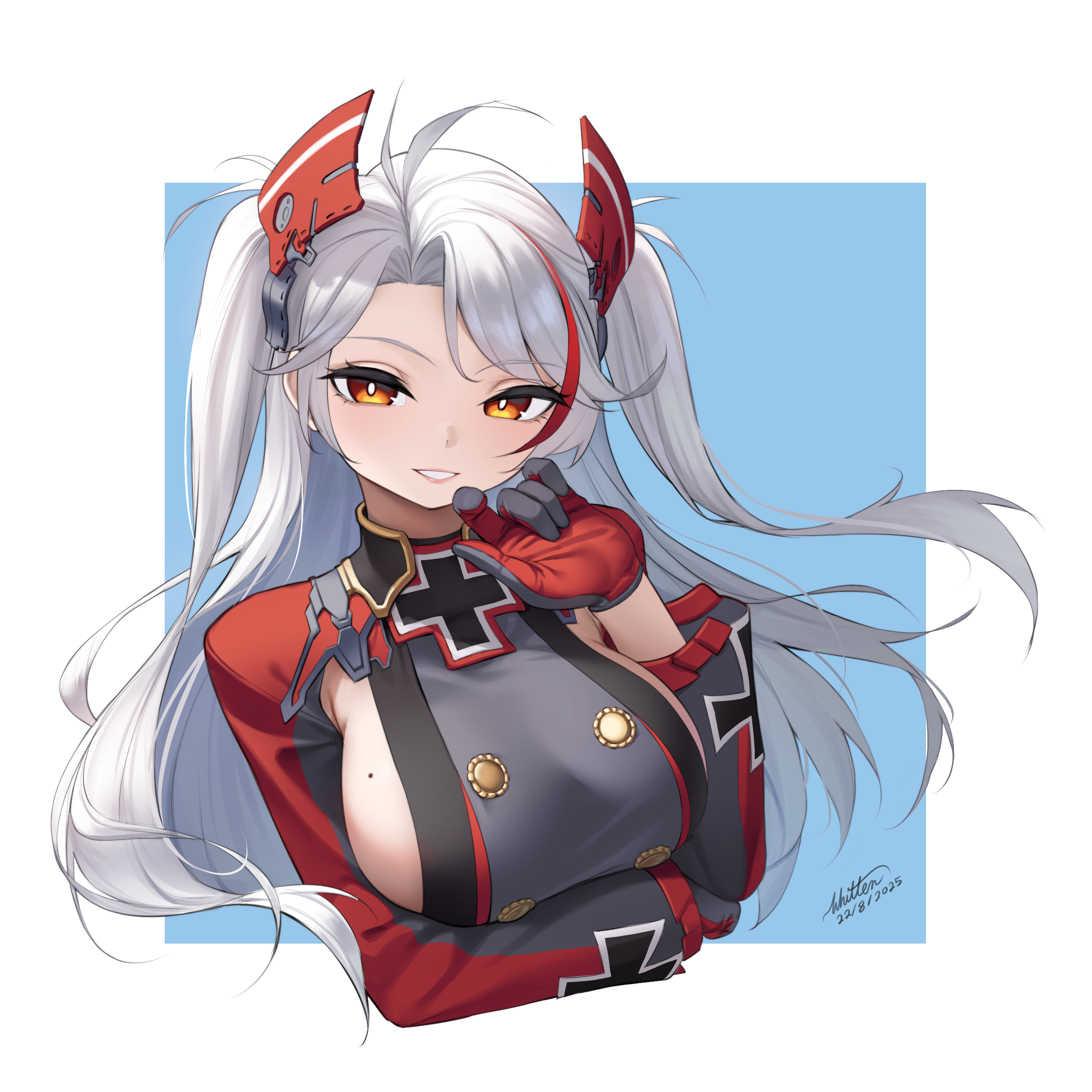 whitter, prinz eugen (azur lane), azur lane, absurdres, highres, 1girl, arm support, arm under breasts, blush, breast rest, breasts, buttons, cross, double-breasted, dress, grin, hair over one eye, hand up, hands on own cheeks, hands on own face, headgear, iron cross, large breasts, long hair, looking at viewer, mole, mole on breast, multicolored hair, no bra, orange eyes, red hair, sideboob, smile, solo, streaked hair, two-tone hair, upper body, very long hair, white hair, yellow eyes