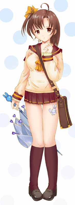 yurikuta tsukumi, original, 1girl, ahoge, brown eyes, brown hair, female focus, pleated skirt, ribbon, school uniform, serafuku, short hair, skirt, solo, umbrella