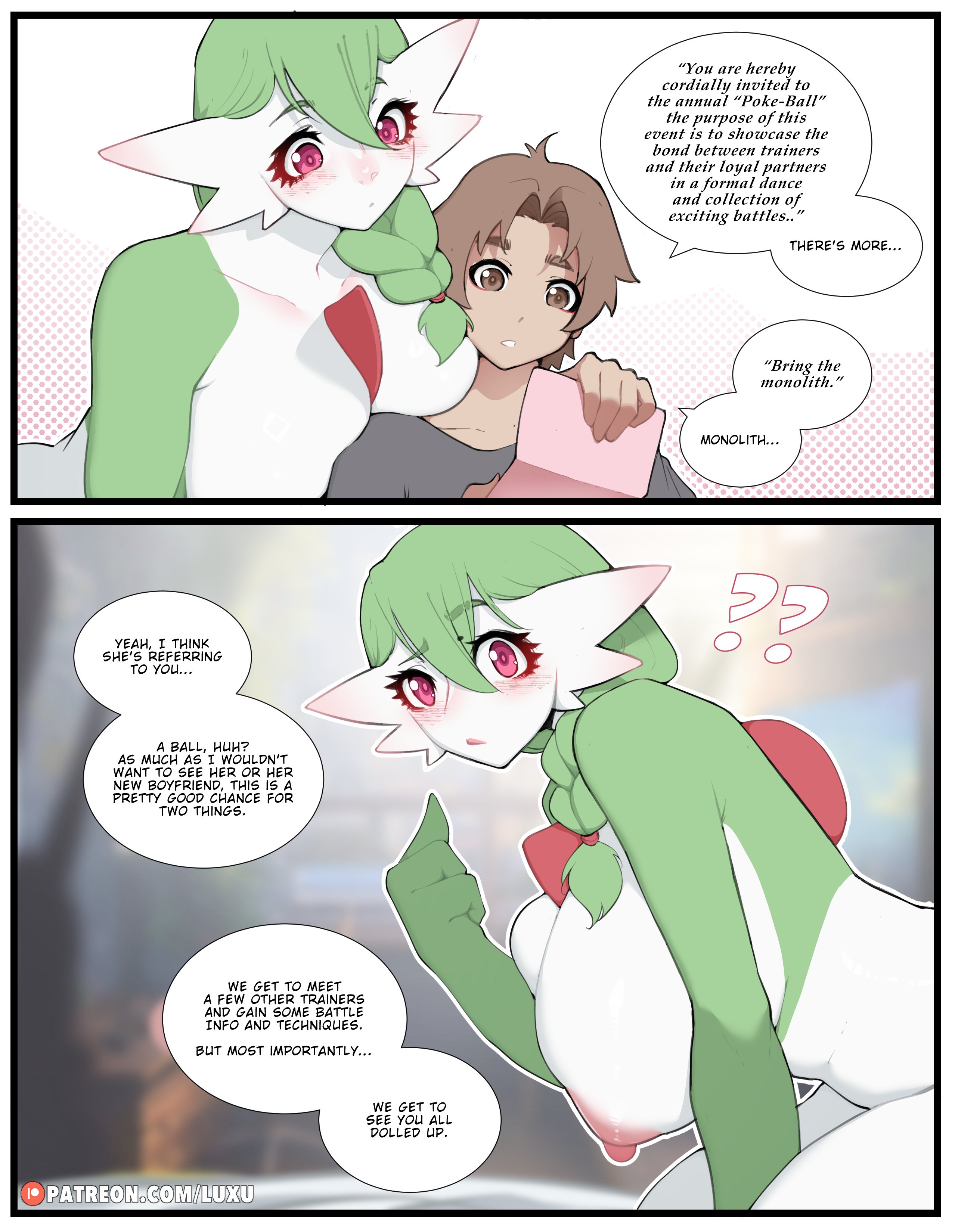 luxu, daisy (luxu), gardevoir, nintendo, pokemon, absurdres, highres, 1boy, 1girl, ?, ??, artist name, black shirt, braid, braided ponytail, breasts, brown hair, colored skin, gen 3 pokemon, green hair, green skin, holding, holding letter, large breasts, letter, long hair, multicolored skin, nipples, patreon username, pink eyes, pokemon (creature), shirt, speech bubble, two-tone skin, white skin