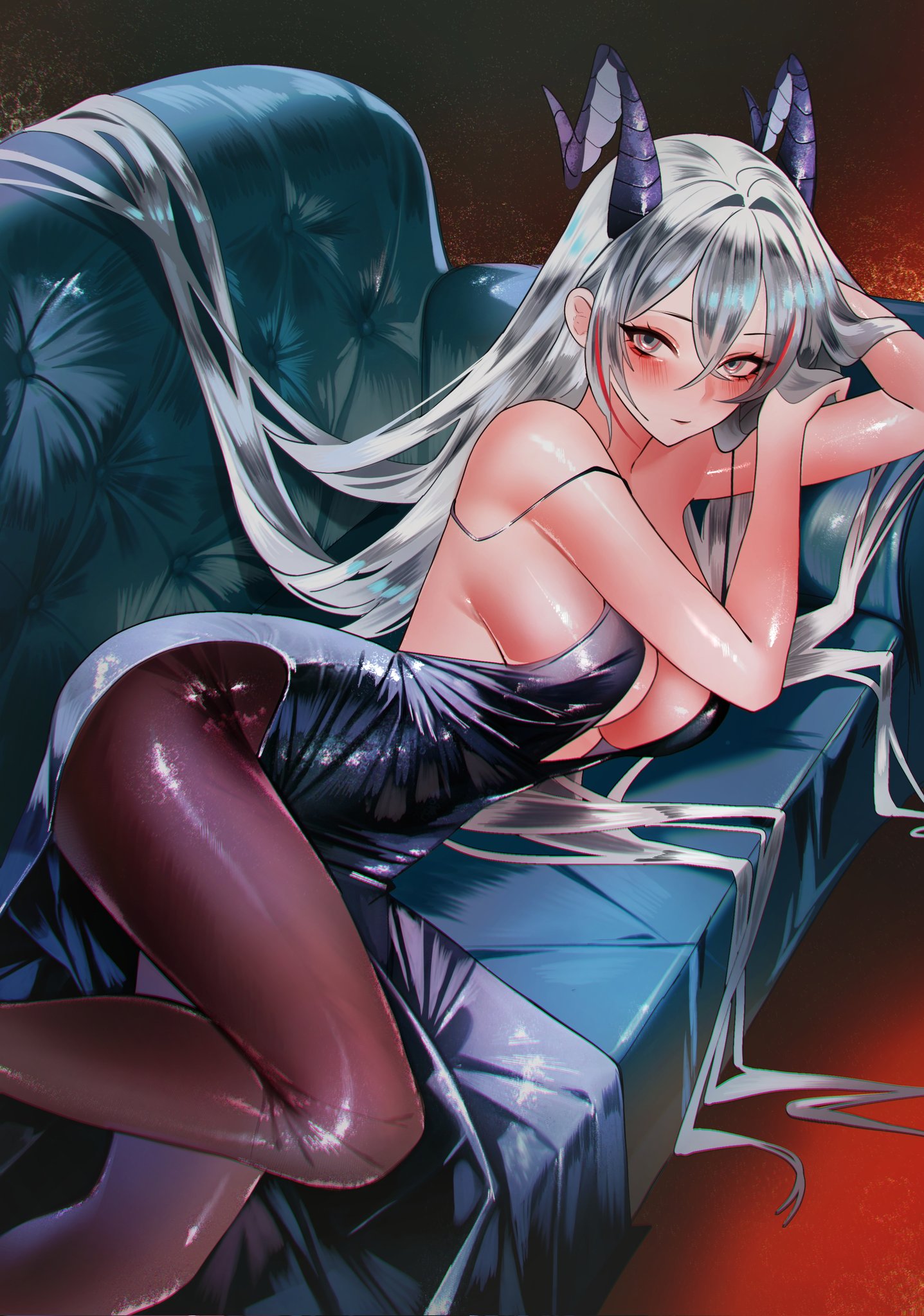 sanya (sanya lox228), zani (wuthering waves), wuthering waves, commentary, english commentary, highres, 1girl, alternate costume, alternate hair length, alternate hairstyle, bare shoulders, black dress, black horns, black pantyhose, blush, breasts, center opening, closed mouth, couch, curled horns, dress, evening gown, feet out of frame, grey eyes, grey hair, hair between eyes, hair flowing over, horns, large breasts, long hair, looking at viewer, lying, multicolored eyes, on couch, on side, pantyhose, pelvic curtain, red eyes, sideboob, solo, spaghetti strap, strap slip, two-tone eyes, very long hair
