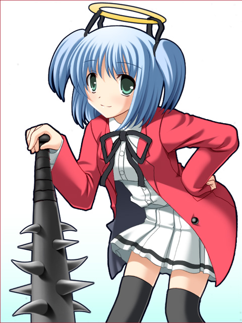 totokichi, mitsukai dokuro, bokusatsu tenshi dokuro-chan, 00s, 1girl, black thighhighs, club, club (weapon), female focus, halo, hand on own hip, kanabou, simple background, solo, thighhighs, traditional halo, two side up, weapon, white background