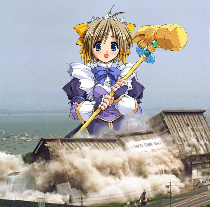 katase yuki, mizuiro, artist request, photo (medium), third-party edit, 00s, 1girl, bow, female focus, giant, giantess, hammer, magical girl, photo background, solo, yellow bow