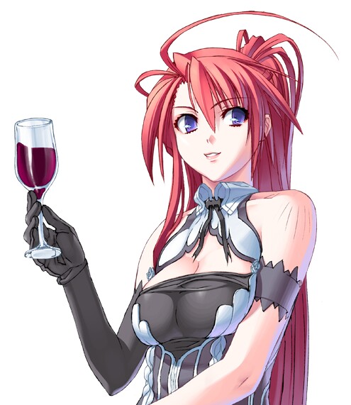 nishii (damnedrive), ignis (jingai makyou), jingai makyou, 1girl, ahoge, alcohol, armband, bare shoulders, black gloves, breasts, cleavage, cup, drink, drinking glass, elbow gloves, female focus, gloves, large breasts, long hair, purple eyes, red hair, smile, solo, wine, wine glass