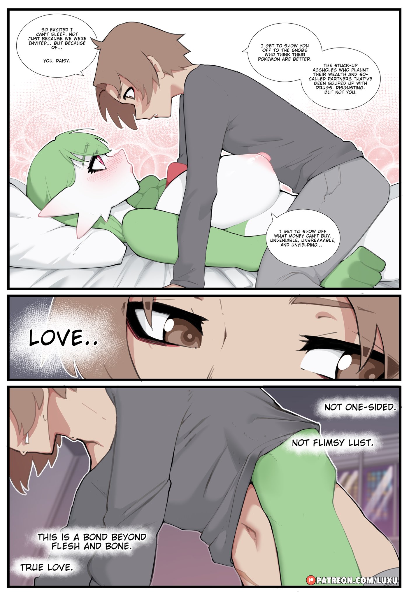 luxu, daisy (luxu), gardevoir, nintendo, pokemon, highres, 1boy, 1girl, artist name, black shirt, boy on top, breasts, brown hair, colored skin, gen 3 pokemon, green hair, green skin, large breasts, lying, multicolored skin, nipples, on back, pants, patreon username, pillow, pokemon (creature), pokephilia, shirt, speech bubble, two-tone skin, white skin