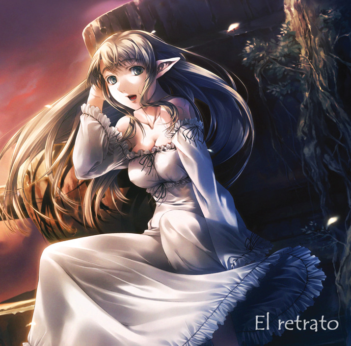 simosi, original, 1girl, blonde hair, dress, elf, fantasy, female focus, fence, long hair, nature, pointy ears, sitting, solo, walpurgisnacht, white theme, wind