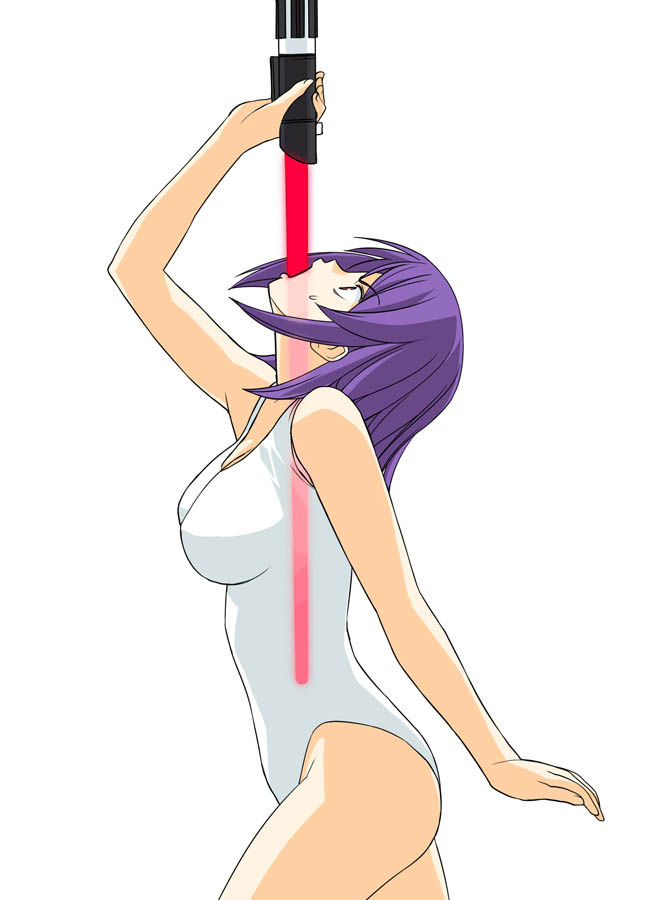 a1 (initial-g), naegino sora, kaleido star, star wars, 00s, 1girl, breasts, energy sword, female focus, holding, holding sword, holding weapon, large breasts, leotard, lightsaber, purple hair, short hair, solo, sword, sword swallowing, weapon, white leotard, x-ray
