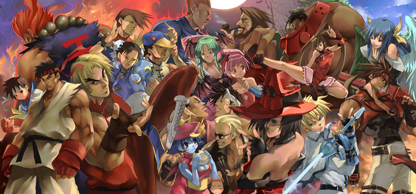 shihira tatsuya, akuma (street fighter), chun-li, demitri maximoff, dizzy (guilty gear), hsien-ko, i-no, johnny (guilty gear), kasugano sakura, ken masters, kuradoberi jam, ky kiske, lilith (darkstalkers), may (guilty gear), mito anji, morrigan aensland, potemkin (guilty gear), ryu (street fighter), slayer (guilty gear), sol badguy, yang lee, yun lee, arc system works, capcom, darkstalkers, guilty gear, sammy, street fighter, street fighter i, street fighter ii (series), street fighter iii (series), street fighter zero (series), long image, wide image, 1990s (style), 6+boys, 6+girls, animal print, asymmetrical wings, bare shoulders, bat print, bat wings, belt, black hair, blonde hair, blue eyes, blue hair, blue sailor collar, blush, boots, breasts, brown eyes, brown hair, bun cover, china dress, chinese clothes, cleavage, crossover, dark skin, day, demon girl, detached sleeves, double bun, dress, elbow gloves, everyone, fingerless gloves, flat chest, gloves, green eyes, green hair, hair bun, hat, head wings, headband, jian (weapon), large breasts, long hair, medium breasts, moon, multiple boys, multiple crossover, multiple girls, muscular, neckerchief, night, panties, pantyhose, pelvic curtain, pirate, purple eyes, purple hair, red eyes, red hair, retro artstyle, ribbon, sailor collar, sailor crest, school uniform, serafuku, shirt, short hair, sword, thighhighs, thighs, twintails, underwear, vampire, weapon, wings