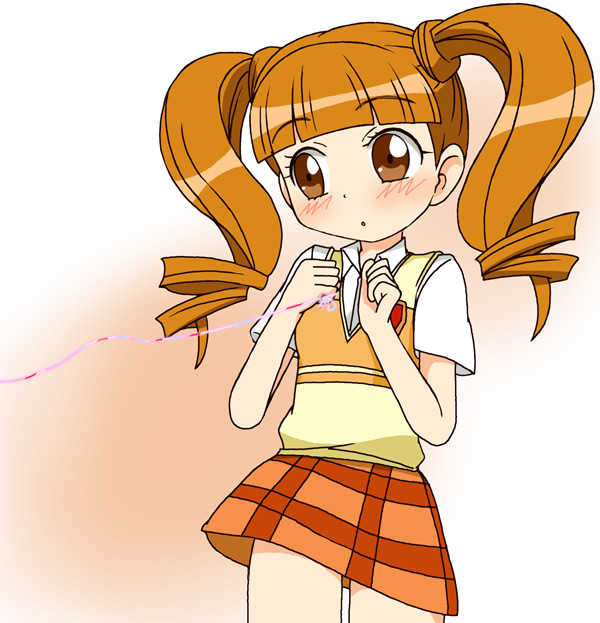 yumeno uta, onegai my melody, sanrio, 00s, 1girl, blunt bangs, blush, brown eyes, brown hair, female focus, plaid clothes, plaid skirt, school uniform, simple background, skirt, solo, string, thighs, twintails