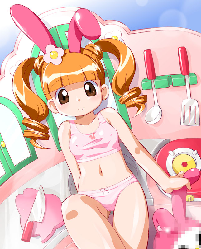my melody, yumeno uta, onegai my melody, sanrio, 00s, 1girl, animal ears, blush, bra, breasts, censored, censored identity, covered erect nipples, female focus, hair ornament, kitchen, kitchen knife, knife, lingerie, lying, mosaic censoring, panties, rabbit ears, sitting, small breasts, smile, solo, spatula, sports bra, twintails, underwear, underwear only