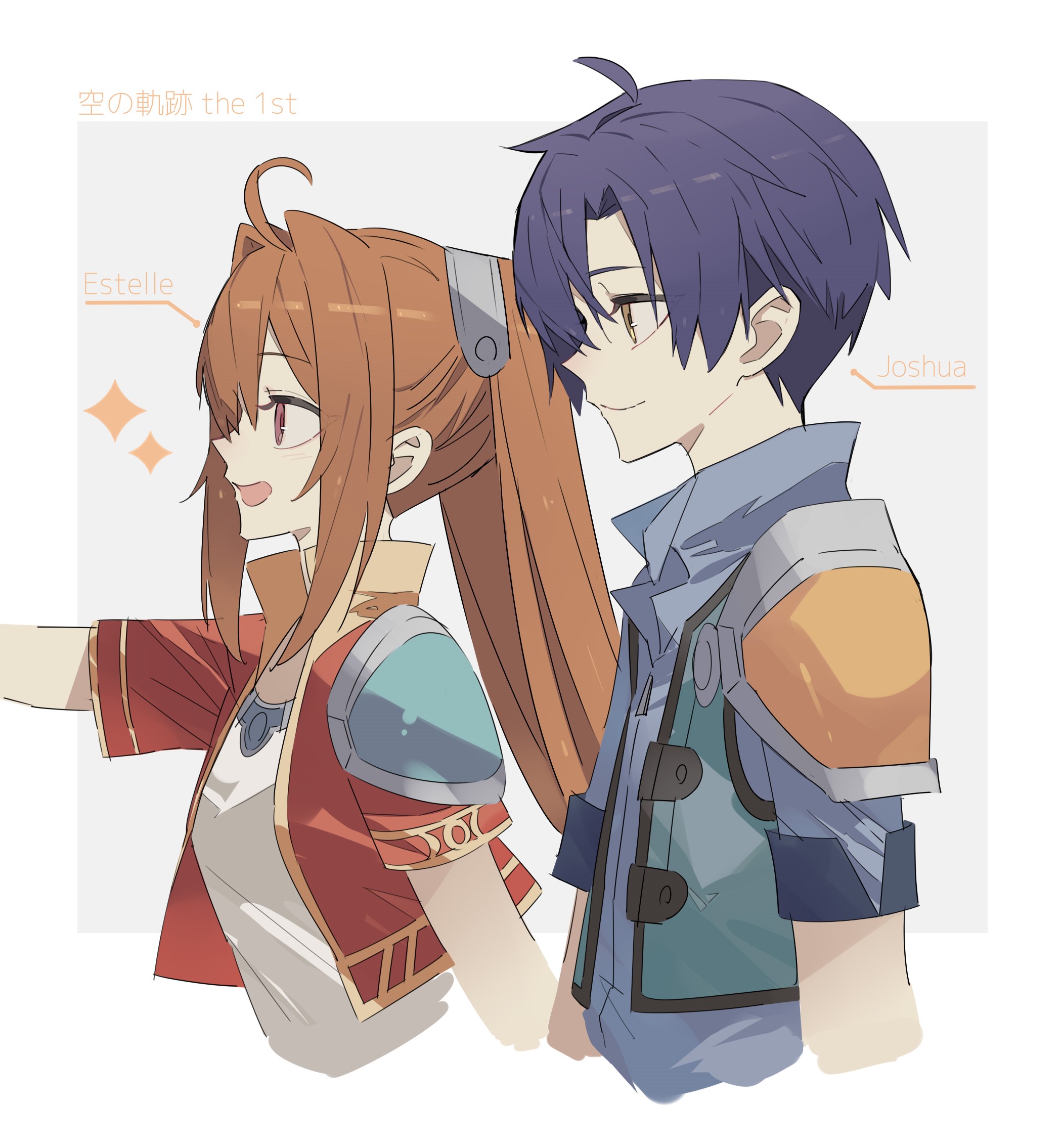 george man, estelle bright, joshua bright, eiyuu densetsu, sora no kiseki, highres, 1boy, 1girl, ahoge, antenna hair, armor, border, cropped jacket, curtained hair, double-parted bangs, english text, from side, grey background, hair between eyes, hair intakes, high collar, jacket, parted bangs, pauldrons, red eyes, short hair, short sleeves, shoulder armor, sidelocks, single pauldron, smile, sparkle background, twintails, two-tone background, upper body, white border, yellow eyes
