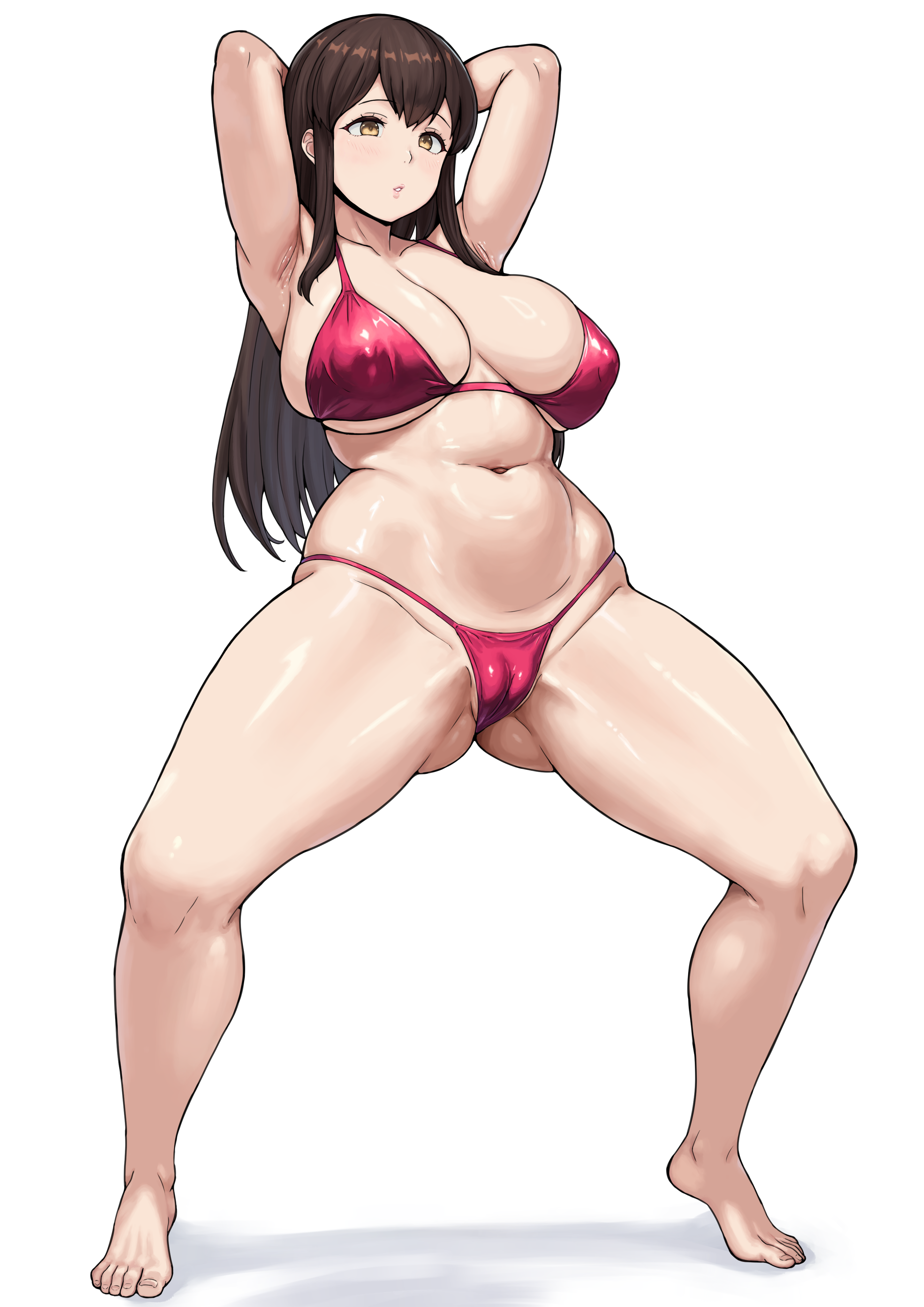 rakutosu, akagi (kancolle), kantai collection, absurdres, highres, 1girl, armpits, arms behind head, bikini, breasts, brown hair, cameltoe, cleavage, feet, full body, gluteal fold, large breasts, long hair, navel, no shoes, open mouth, red bikini, simple background, solo, spread legs, standing, swimsuit, toes, white background, wide hips, yellow eyes