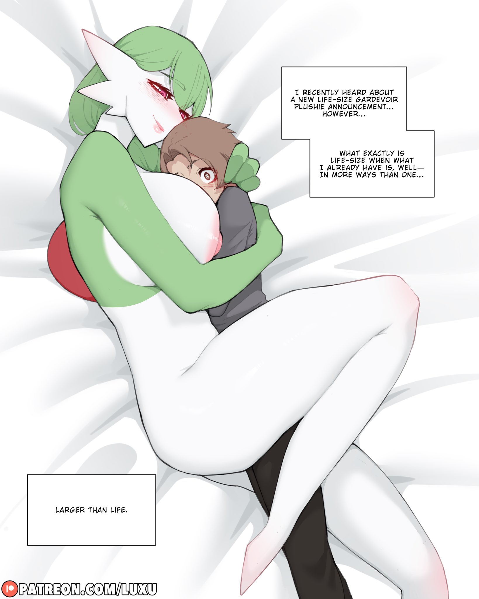 luxu, daisy (luxu), gardevoir, nintendo, pokemon, highres, 1boy, 1girl, artist name, black pants, blush, breasts, brown hair, colored skin, gen 3 pokemon, green hair, green skin, hug, large breasts, long hair, lying, multicolored skin, nipples, on side, pants, patreon username, pokemon (creature), shirt, smile, two-tone skin, white skin