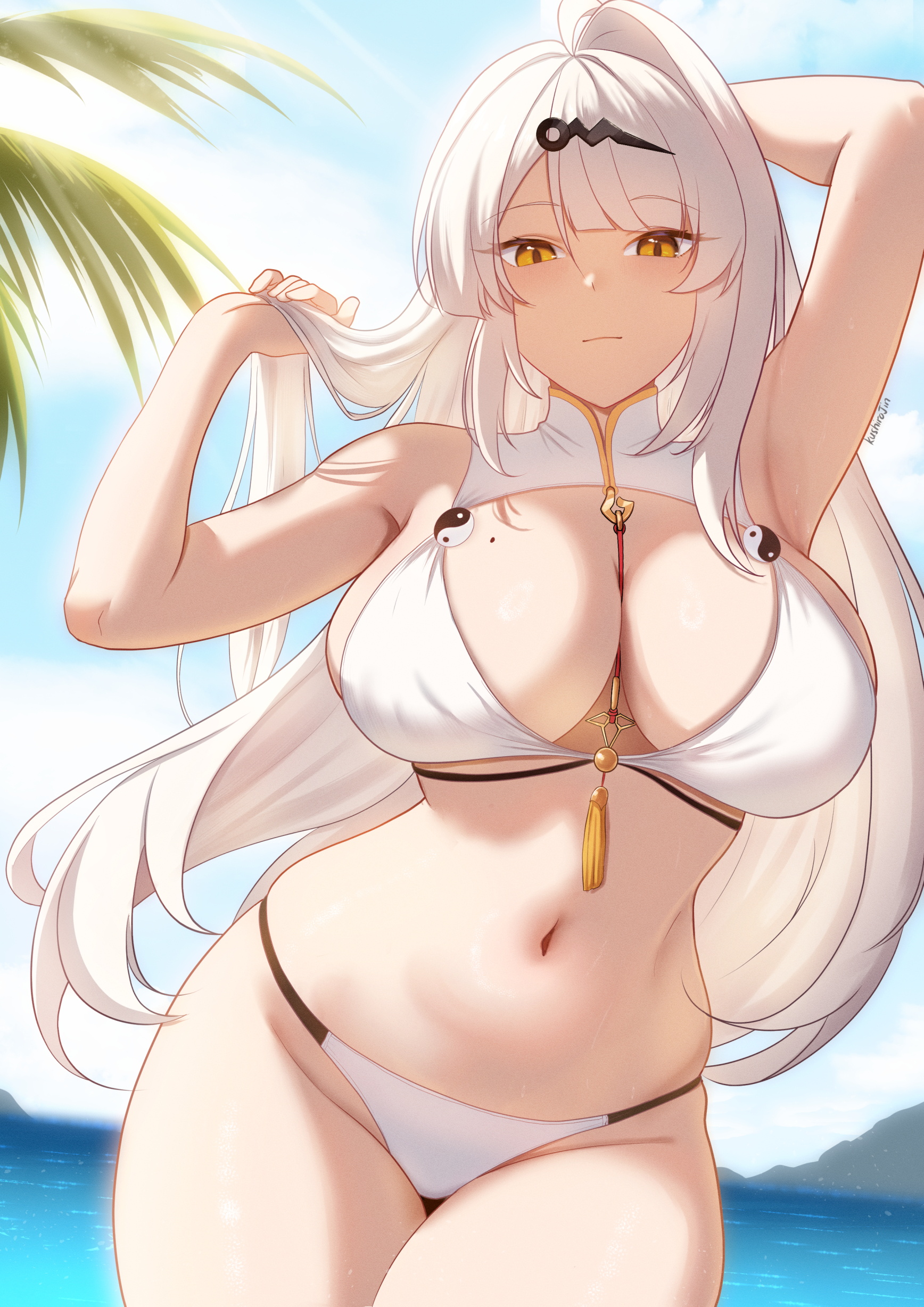 kushiro jin, yixuan (zenless zone zero), zenless zone zero, absurdres, highres, 1girl, arm behind back, arm up, bikini, blue sky, breasts, cleavage, closed mouth, cloud, large breasts, long hair, looking at viewer, mole, mole under eye, navel, sky, swimsuit, very long hair, water, white bikini, white hair, yellow eyes, yin yang pin
