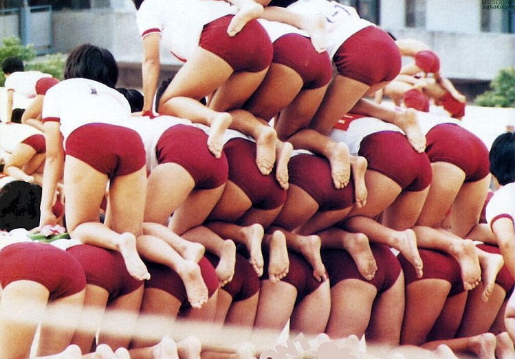 photo (medium), 6+girls, asian, ass, barefoot, bent over, buruma, dirty, dirty feet, everyone, feet, gym uniform, human tower, lineup, multiple girls, pyramid (structure), stacking, underwear