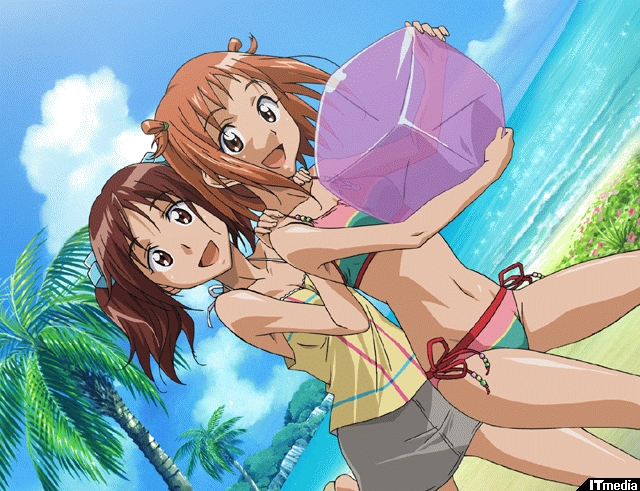 oume ayumu, randou rino, gokujou seitokai, 00s, 2girls, beach, bikini, brown eyes, brown hair, cloud, cube hair ornament, day, hair bobbles, hair ornament, multicolored bikini, multiple girls, outdoors, palm tree, short twintails, side-tie bikini bottom, swimsuit, tree, twintails, water