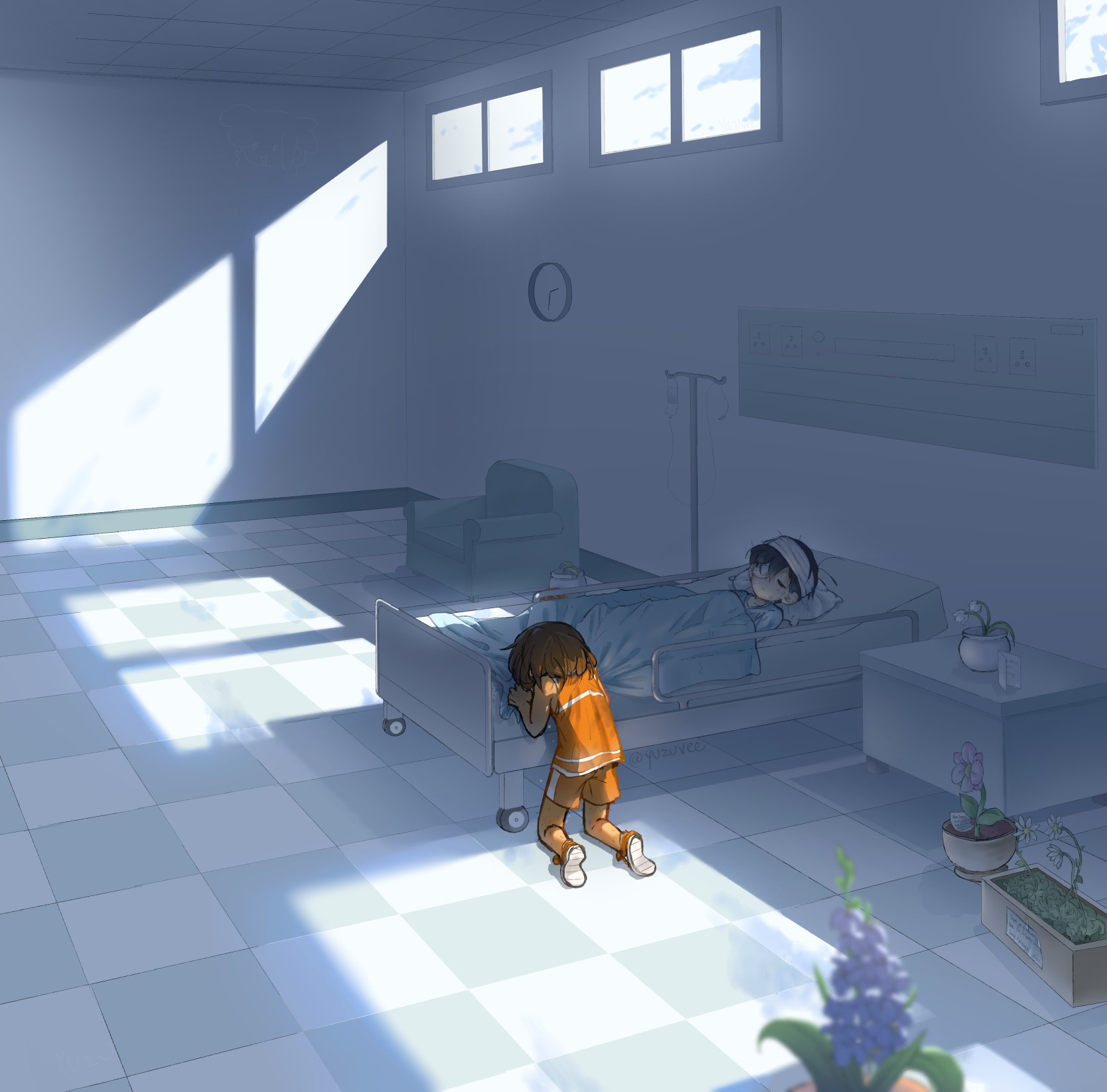 yuzuvee, kel (faraway) (omori), kel (omori), sunny (omori), omori, highres, spoilers, 2boys, analog clock, bandaged head, bandages, bed, black hair, blanket, brown hair, chair, clock, closed eyes, dark-skinned male, dark skin, eyepatch, flower pot, head on pillow, hospital bed, hospital gown, indoors, intravenous drip, kneeling, lying, male focus, medical eyepatch, multiple boys, on back, orange shoes, orange shorts, pillow, plant, potted plant, shoes, short hair, shorts, sneakers, under covers