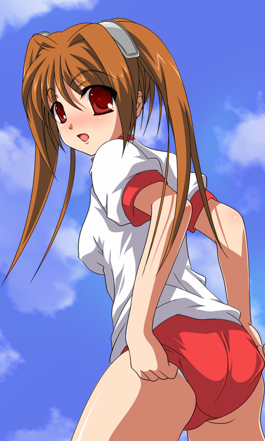 original, artist request, 1girl, adjusting buruma, adjusting clothes, blush, brown eyes, brown hair, buruma, female focus, gym uniform, outdoors, sky, solo