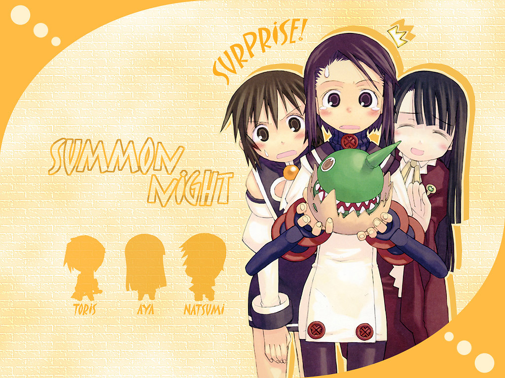 hashimoto natsumi, higuchi aya, toris, summon night, summon night 2, 3girls, black hair, blush, character name, closed eyes, detached sleeves, egg, long hair, monster, multiple girls, pantyhose, purple hair, short hair, surprised, sweatdrop, tears, turtleneck