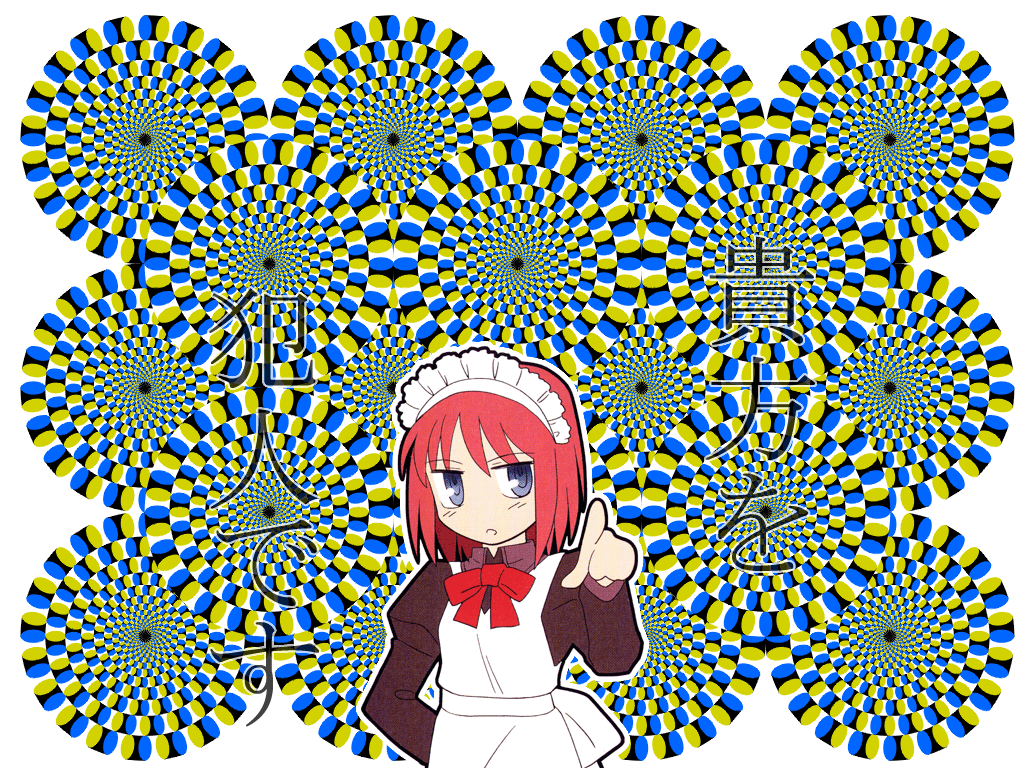 hisui (tsukihime), tsukihime, red neckwear, translated, 00s, 1girl, abstract background, anata wo hannin desu, apron, arm behind back, bow, female focus, japanese text, looking at viewer, maid, maid apron, maid headdress, optical illusion, outline, pink hair, pointing, pointing at viewer, red bow, red hair, ringed eyes, short hair, solo, upper body