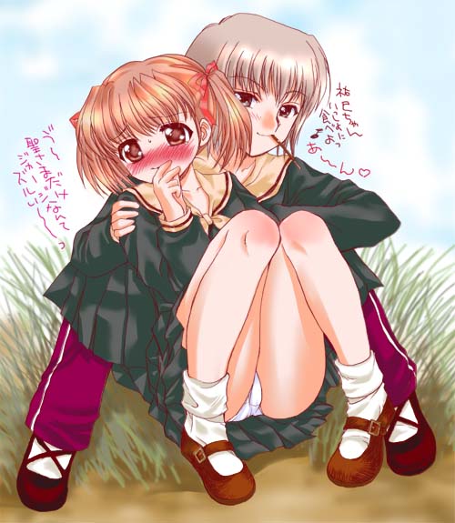 fukuzawa yumi, satou sei, maria-sama ga miteru, silver hair, translation request, 00s, 2girls, blush, brown hair, hair ribbon, mary janes, multiple girls, panties, pantyshot, pleated skirt, ribbon, school uniform, serafuku, shoes, short hair, single vertical stripe, sitting, skirt, socks, twintails, underwear, white panties, yuri