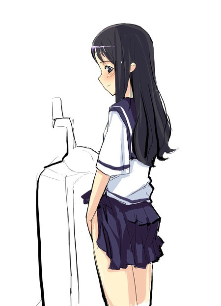 no man's land, original, 1futa, clothes lift, futanari, lifting own clothes, peeing, pleated skirt, school uniform, serafuku, skirt, skirt lift, solo, standing, toilet, toilet use, trap, urinal, urinal use