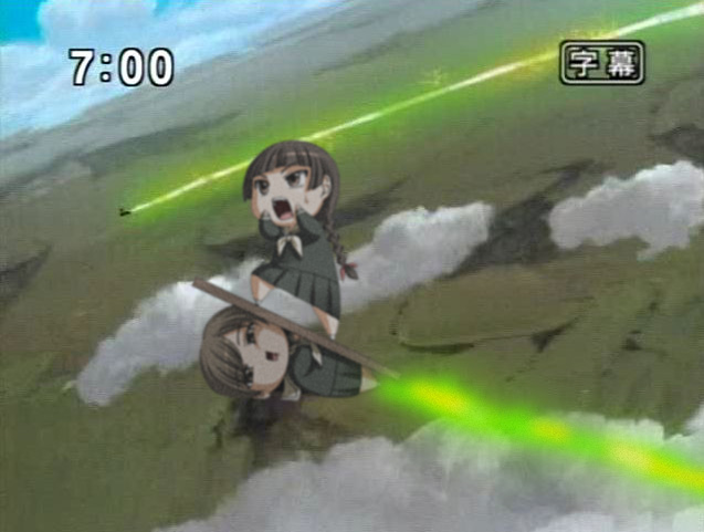 katwu (gensou ninja yashiki), hasekura rei, shimazu yoshino, eureka seven, eureka seven (series), maria-sama ga miteru, third-party edit, 2girls, blunt bangs, braid, chibi, chibi only, clock, clockshow, crossover, digital clock, flying, multiple girls, open mouth, parody
