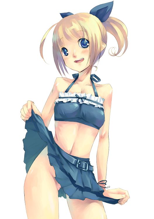 mikage sekizai, original, 1girl, blonde hair, blue eyes, bow, clothes lift, female focus, hair bow, lifting own clothes, midriff, no panties, skirt, skirt lift, solo