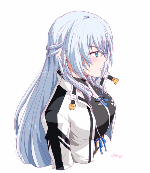 xiacheng tatsuya, shizuna rem misurugi, eiyuu densetsu, kuro no kiseki (series), kuro no kiseki i, 1girl, artist name, breasts, coat, crossed bangs, double-parted bangs, from side, green eyes, hair between eyes, half updo, large breasts, long hair, open clothes, open coat, simple background, solo, white background, white hair
