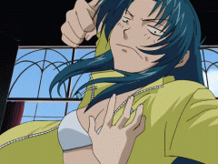 chidori kaname, full metal panic!, animated, animated gif, anime screenshot, lowres, non-web source, 00s, 1girl, bikini, blue hair, cloud, day, jacket, moon, navel, open clothes, open shirt, pawnch!, pervert, punching, shirt, sleeves rolled up, spinning, swimsuit